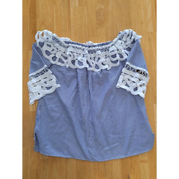 Mango Blue & White Stripes Top with Lace Trim Women’s Size Small Striped - Picture 1 of 15